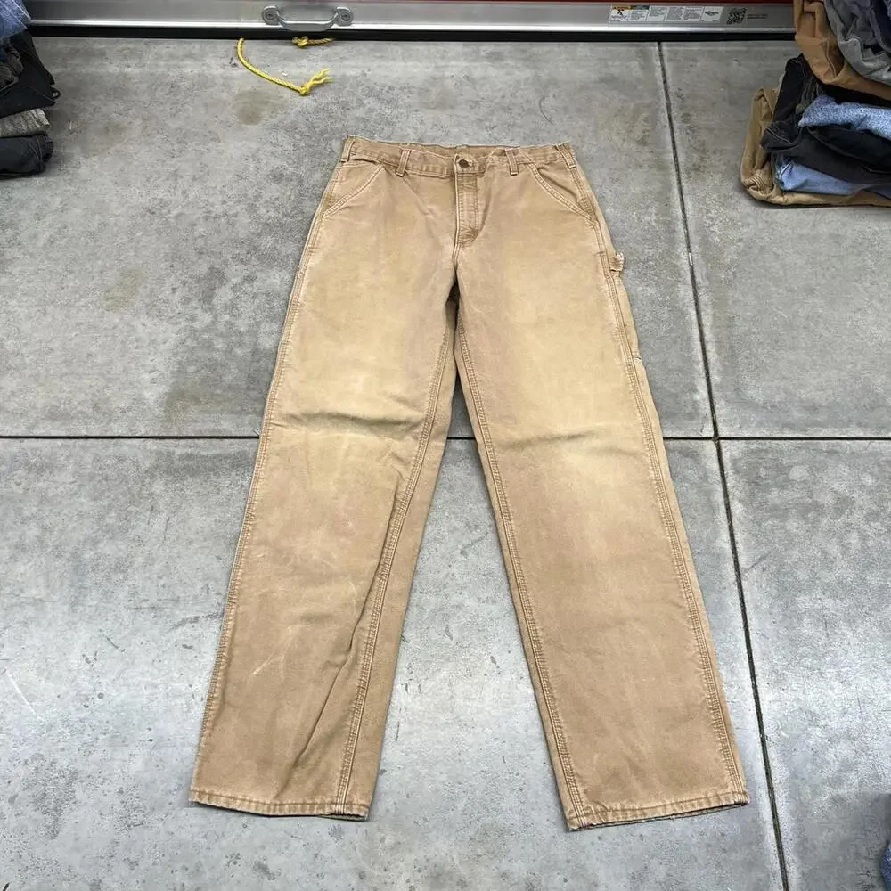 vintage carhartt sun faded tan relaxed baggy flannel lined dungaree cargo pants - Picture 2 of 4
